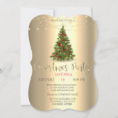 パインエレガントツリー、ストリングライト金ゴールドクリスマス 招待状 (正面)