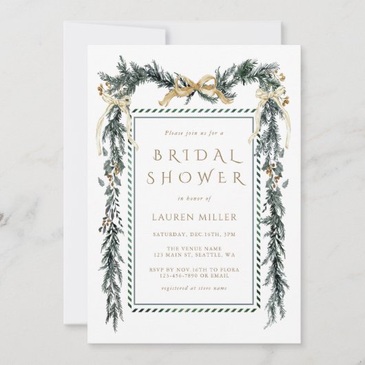 パインエレガントブランチフレームクリスマスブライダルシャワー 招待状 (正面)