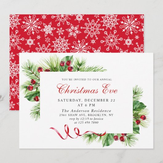 パインエレガントホリーベリーホリデークリスマスイブ 招待状 (正面/裏面)