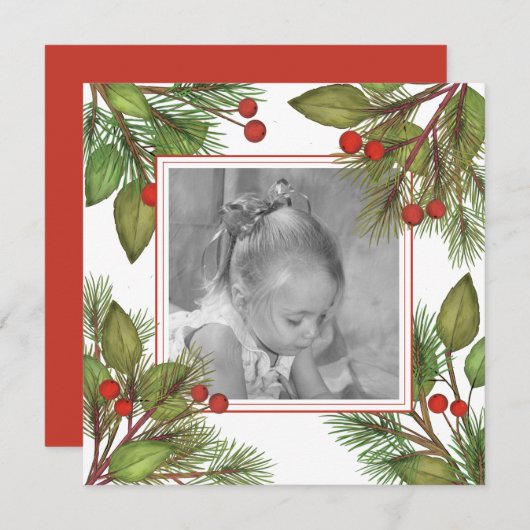 パインエレガントボタニカルグリーンリーホリーベリー シーズンカード (正面/裏面)