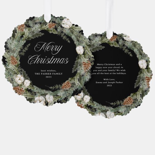 パインエレガントリースと緑 |メリークリスマス オーナメントカード (正面/裏面)