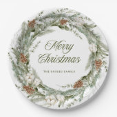 パインエレガントリースと緑 |メリークリスマス ペーパープレート (正面)