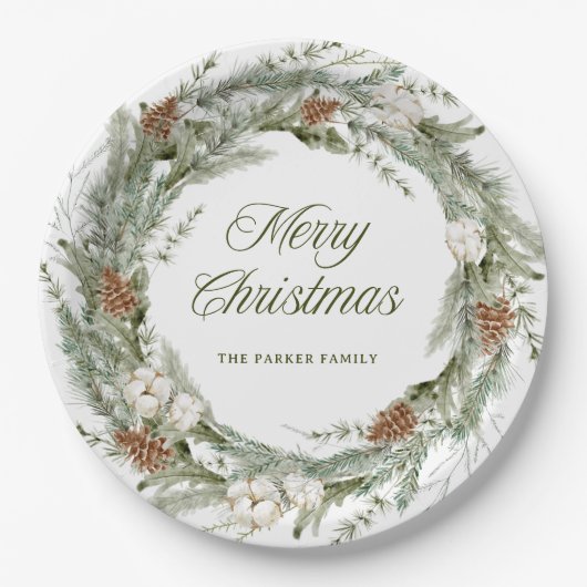 パインエレガントリースと緑 |メリークリスマス ペーパープレート (正面)
