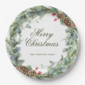 パインエレガントリースグリーンリーメリークリスマス ペーパープレート (正面)