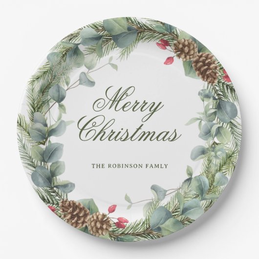 パインエレガントリースグリーンリーメリークリスマス ペーパープレート (正面)