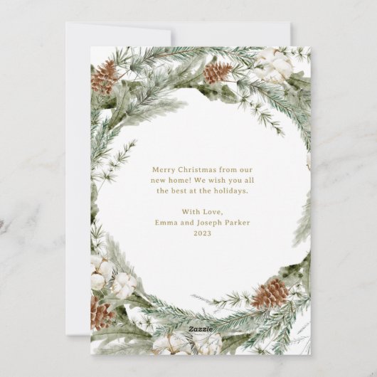 パインエレガントリース |クリスマス金ゴールドの新しい住所 シーズンカード (裏面)