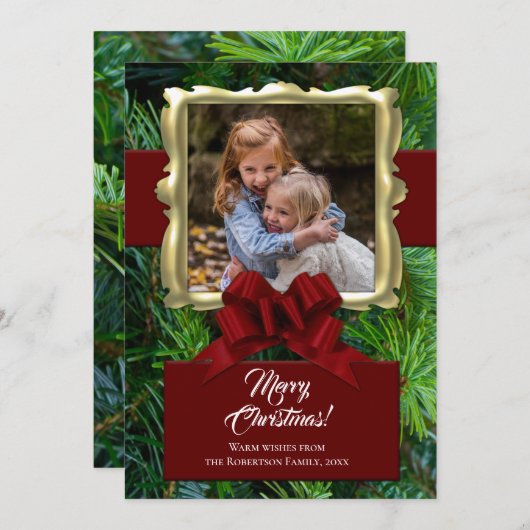 パインエレガント金ゴールドフレーム写真クリスマス シーズンカード (正面/裏面)
