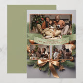 パインエレガント金ゴールドリボンファミリークリスマスカード シーズンカード (正面/裏面)