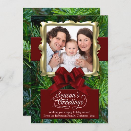 パインエレガント/赤/金ゴールドフレーム写真クリスマスカード シーズンカード (正面/裏面)