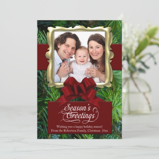 パインエレガント/赤/金ゴールドフレーム写真クリスマスカード シーズンカード (スタンド正面)