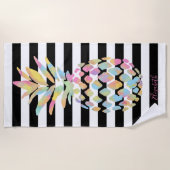 パインガーリーカラフルアップル、白黒ストライプ ビーチタオル (正面)