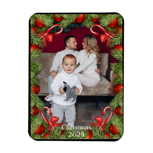 パインキャンディーキャンズ写真名クリスマスホリデーカード マグネット (縦)