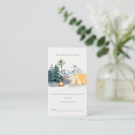 パインキャンピングマウンテンおむつラッフルベビーシャワー エンクロージャーカード (スタンド正面)