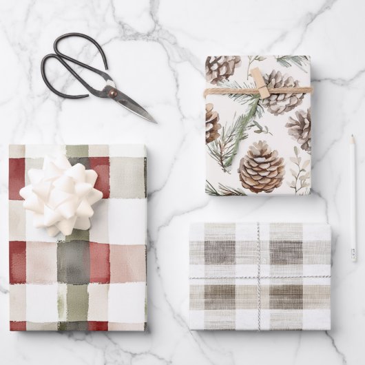 パイングリーンアイボリーレッドストライプクリスマスクリスマス ラッピングペーパーシート (正面)