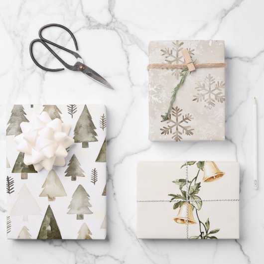パイングリーンクリームクリスマスツリーズベルズスノーフレーク ラッピングペーパーシート (正面)