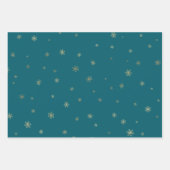 パイングリーンティール（緑がかった色）クリスマス金ゴールド雪片 ラッピングペーパーシート (正面3)