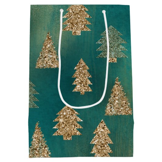 パイングリーン金ゴールドグリッターグラムクリスマスツリーズ ミディアムペーパーバッグ (裏面)