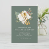 パイングリーン |金ゴールドエレガントカトラリークリスマスディナー 招待状 (スタンド正面)