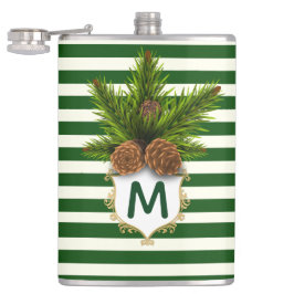 パインコーンとグリーンストライプモノグラムのフラスコ フラスク