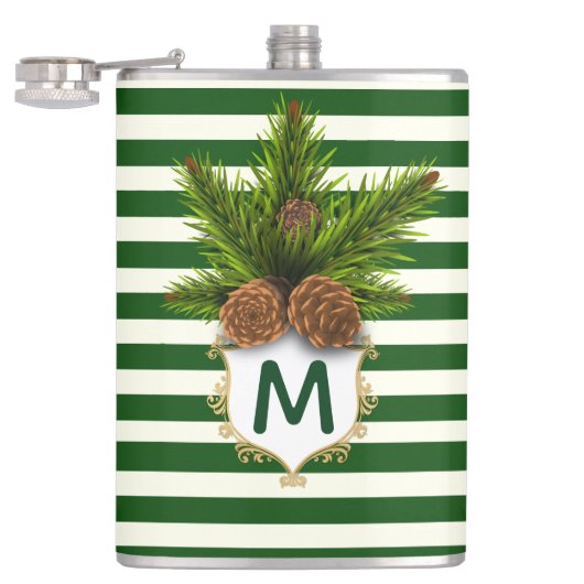 パインコーンとグリーンストライプモノグラムのフラスコ フラスク (オープン)