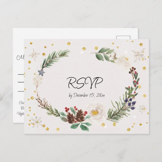 パインコーンとホリーの冬のリース ポストカード (正面/裏面)