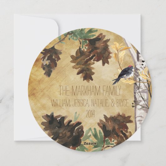 パインコーンと鳥類テクスチャ丸型ホリデーカード シーズンカード (裏面)