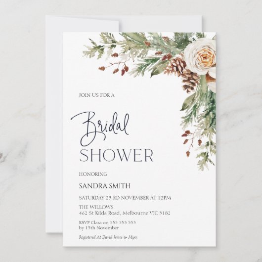 パインコーンウィンターフローラブライダルシャワー 招待状 (正面)