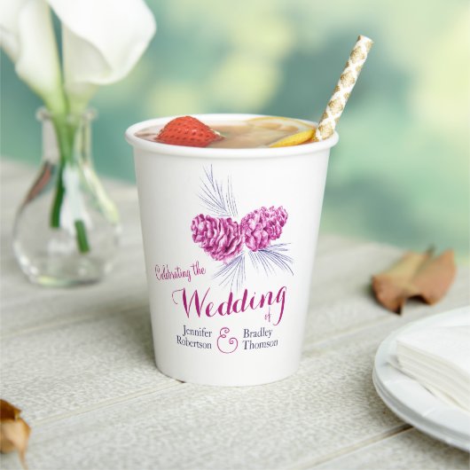 パインコーンスケッチブループラム冬の結婚式 紙コップ (インサイチュ)