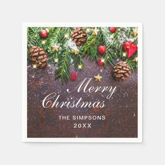 パインコーンブランチメリー素朴クリスマスホリデー スタンダードカクテルナプキン (正面)