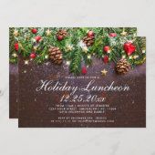 パインコーンブランチ素朴ホリデークリスマスランチョン 招待状 (正面/裏面)
