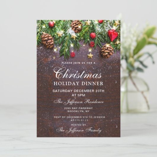 パインコーンホリデー素朴クリスマスホリデーディナー 招待状 (スタンド正面)