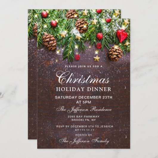 パインコーンホリデー素朴クリスマスホリデーディナー 招待状 (正面/裏面)