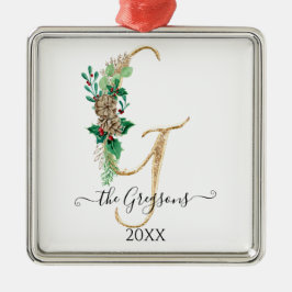 パインコーンホリークリスマス金ゴールドグリッターモノグラムG メタルオーナメント