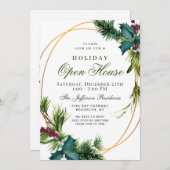 パインコーンホリーフレームクリスマスホリデーオープンハウス 招待状 (正面/裏面)