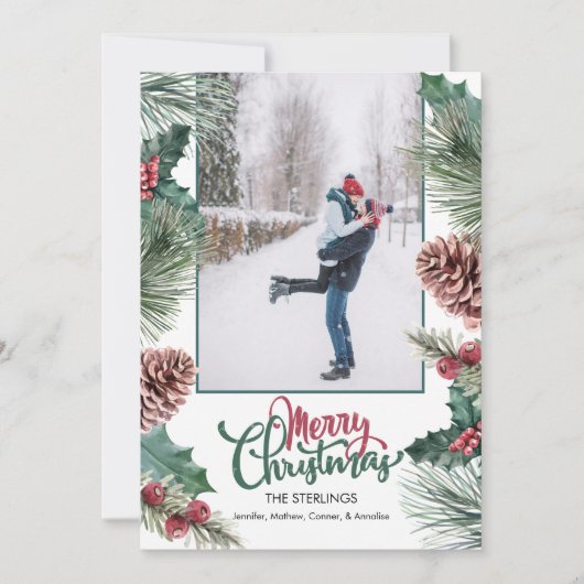 パインコーンホリーブランチ写真メリークリスマス シーズンカード (正面)