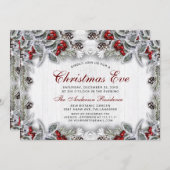 パインコーンホリーベリーブランチ素朴クリスマスイブ 招待状 (正面/裏面)