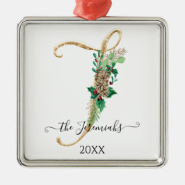 パインコーンモノグラムJ金ゴールドグリッターホリークリスマス メタルオーナメント