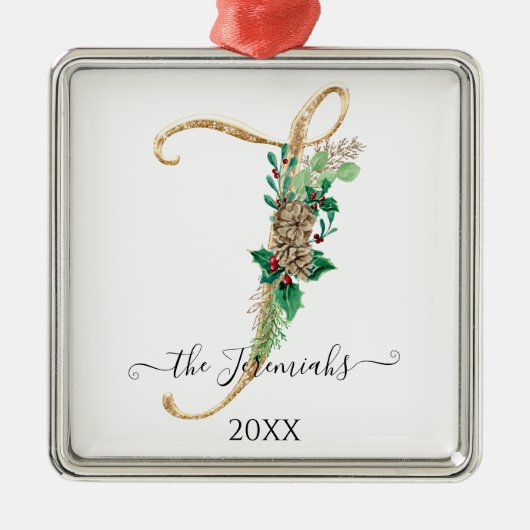 パインコーンモノグラムJ金ゴールドグリッターホリークリスマス メタルオーナメント (正面)