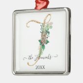 パインコーンモノグラムJ金ゴールドグリッターホリークリスマス メタルオーナメント (左)