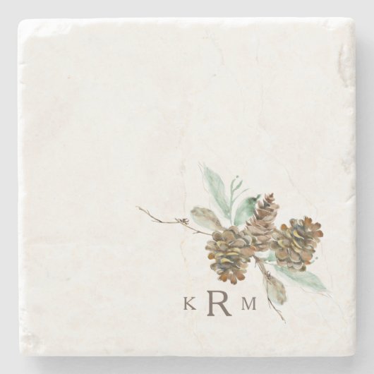 パインコーンリーフ秋ホリデーモノグラム ストーンコースター (正面)