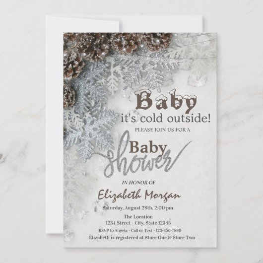 パインコーン外は寒いスノーフレーク赤ちゃんシャワー 招待状 (正面)