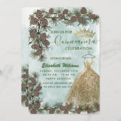 パインコーン水カラー金ゴールドティアラQuinceaenera 招待状 (正面/裏面)