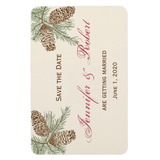 パインコーン自然クリーム結婚式の日付を保存 マグネット (縦)