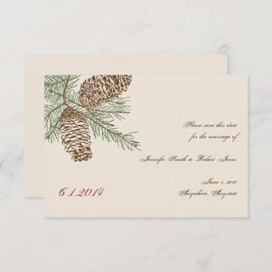 パインコーン自然クリーム結婚式の日付を保存 招待状 (正面/裏面)