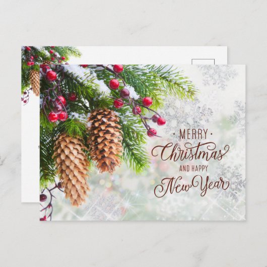パインコーン赤ベリークリスマス新年ビジネス ポストカード (正面/裏面)