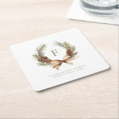 パインコーン&ボウリースモノグラムファミリーホリデー スクエアペーパーコースター (アングル)