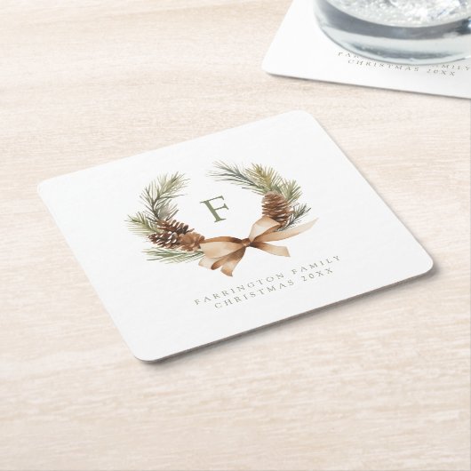 パインコーン&ボウリースモノグラムファミリーホリデー スクエアペーパーコースター (アングル)