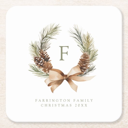 パインコーン&ボウリースモノグラムファミリーホリデー スクエアペーパーコースター (正面)