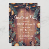 パインコーン&金ゴールドオーナメント素朴クリスマスパーティー 招待状 (正面/裏面)