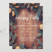 パインコーン&金ゴールドオーナメント素朴ホリデーパーティー 招待状 (正面/裏面)